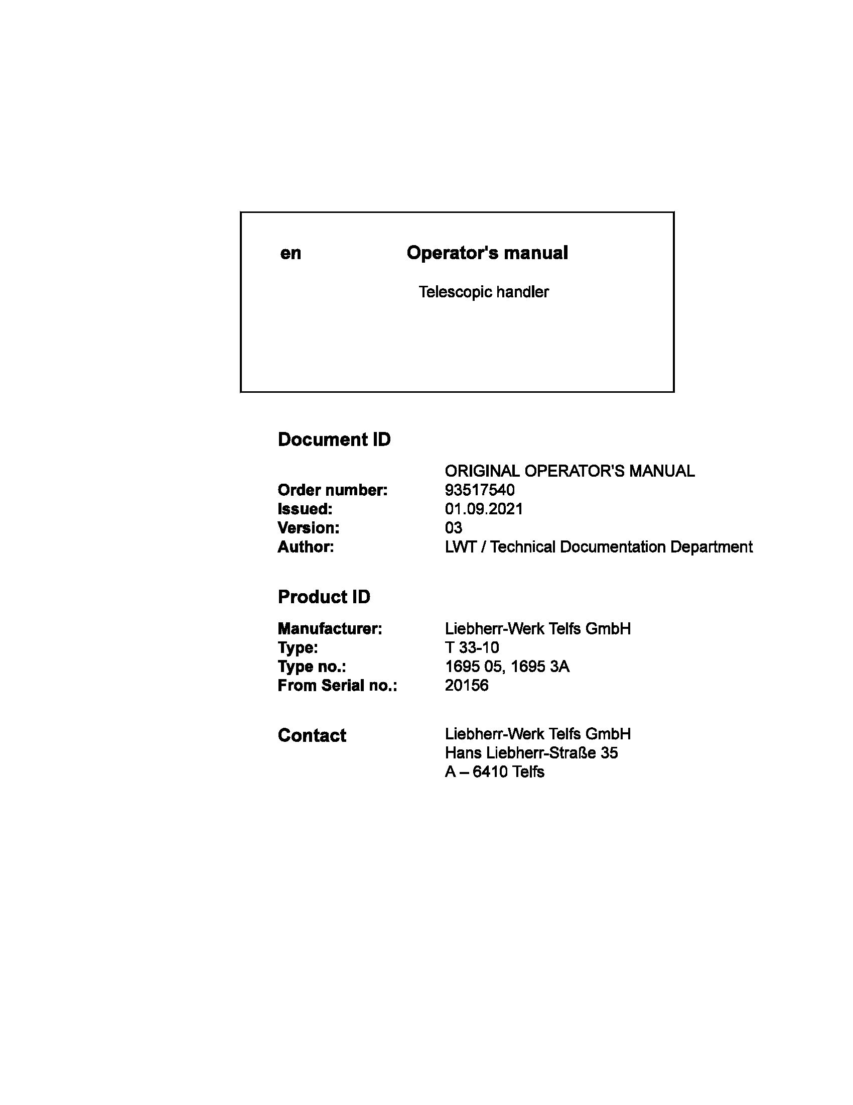 Liebherr Telescopic Handler T33-10 Operating Manual 93517540 2021 ...