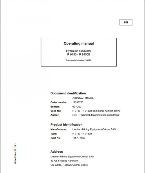 Liebherr Mining Crawler Excavators R9150 US Operating Manual 38079 2021