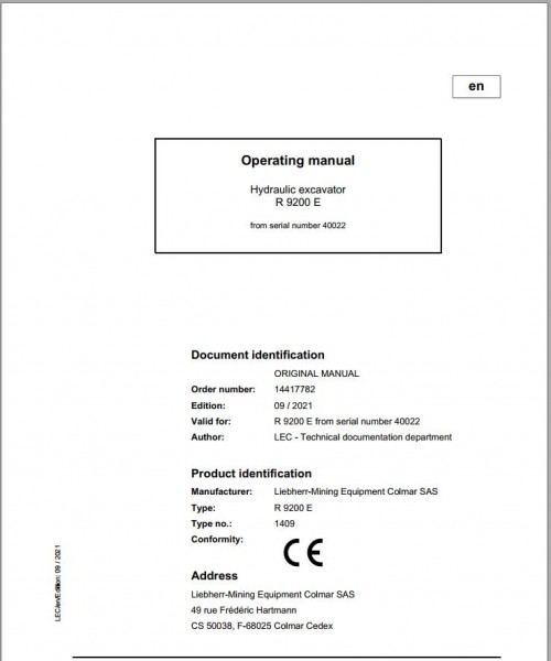 Liebherr Mining Crawler Excavators R9200E Operating Manual 2021