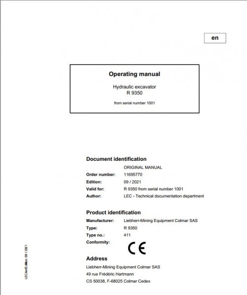 Liebherr Mining Crawler Excavators R9350 Operating Manual 1001 2021