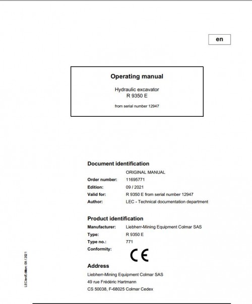 Liebherr Mining Crawler Excavators R9350E Operating Manual 2021