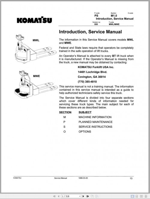 Komatsu Forklift MWL MWE Service Manual SM035A