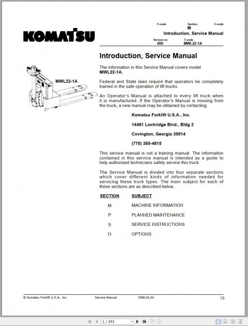 Komatsu Forklift MWL22 1A Service Manual