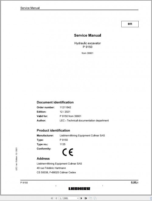 Liebherr Hydraulic Excavator P9150 Service Manual 39901 12.2021