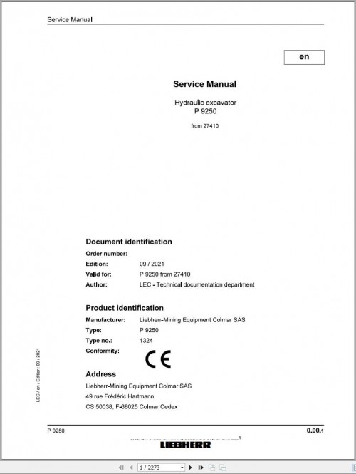 Liebherr Hydraulic Excavator P9250 Service Manual 27410 09.2021
