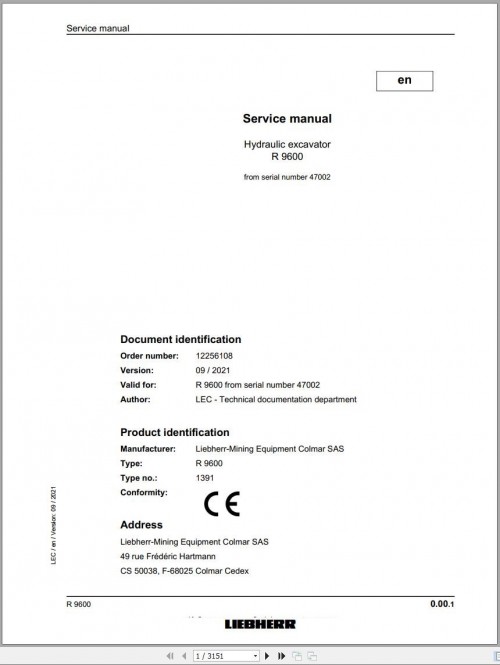 Liebherr Hydraulic Excavator R9600 Service Manual 47002 09.2021