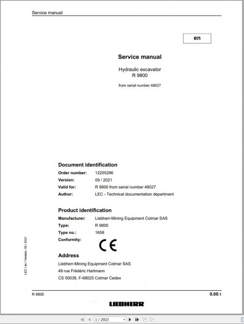Liebherr Hydraulic Excavator R9800 Service Manual 48027 09.2021