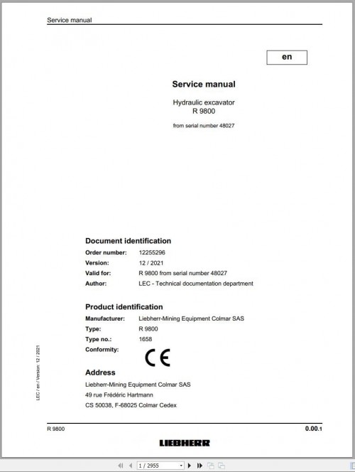 Liebherr Hydraulic Excavator R9800 Service Manual 48027 12.2021