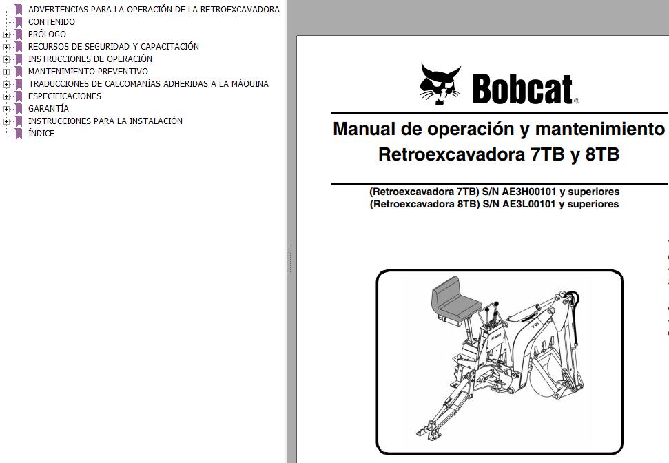 Bobcat Backhoe 7TB 8TB Operation & Maintenance Manual 6987138 ES | Auto ...