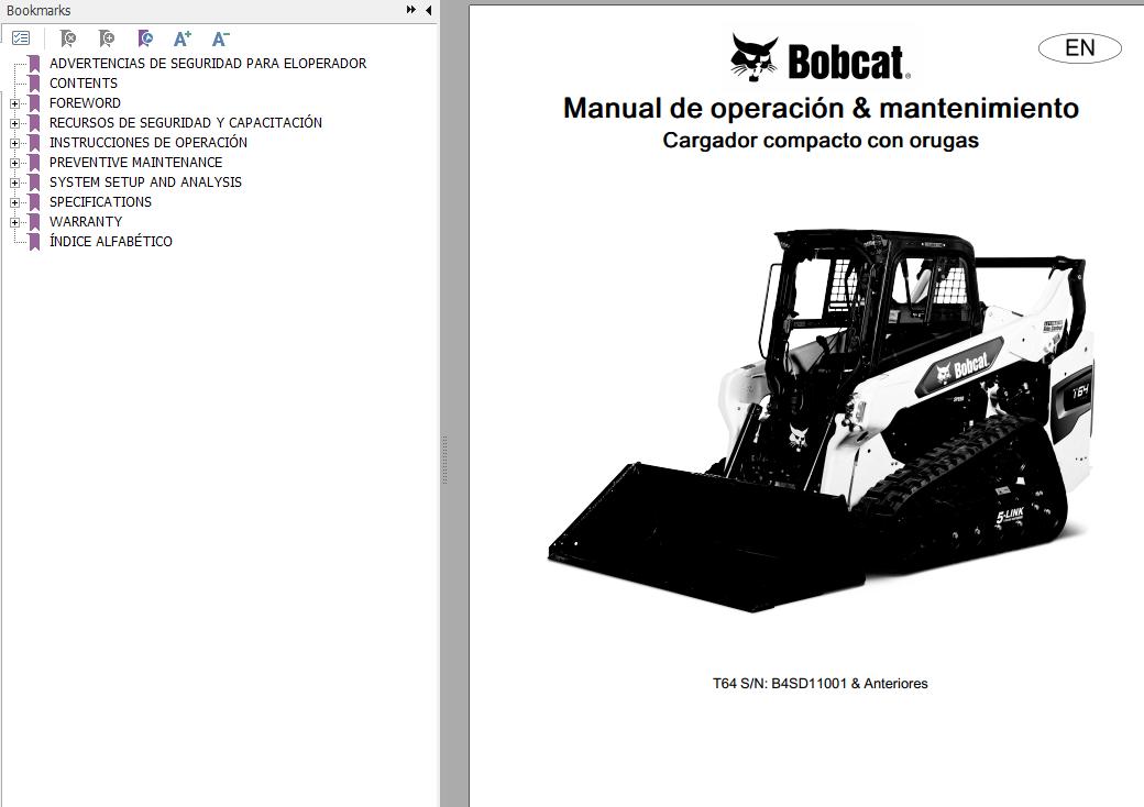 Bobcat Excavator T64 Operation & Maintenance Manual 7353164 ES | Auto ...