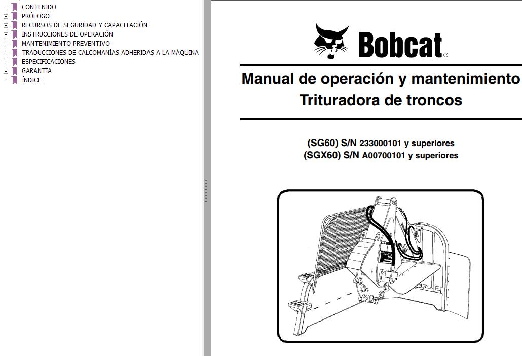 Bobcat Stump Grinder SG60 SGX60 Operation & Maintenance Manual 6901089 ...