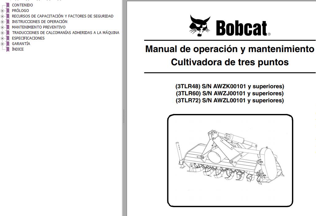 Bobcat Tiller 3TLR48 3TLR60 3TLR72 Operation & Maintenance Manual ...