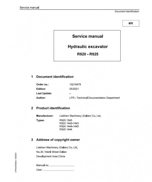Liebherr Hydraulic Excavator R920 to R925 Service Manual 10216478 05.2021