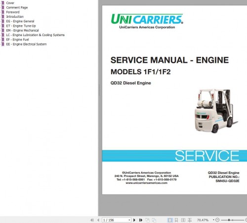 Unicarrier Forklift 1F1 1F2 Engine QD32 Service Manual SM45U QD32E 2015
