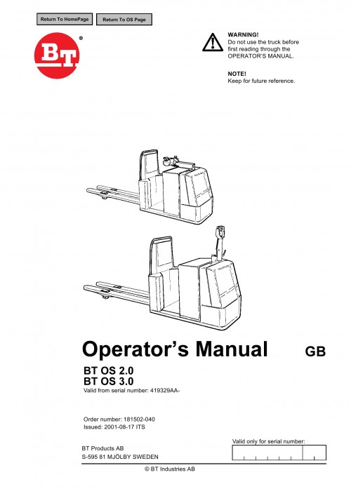 BT Forklift OS 2.0 OS 3.0 Operator's Manual