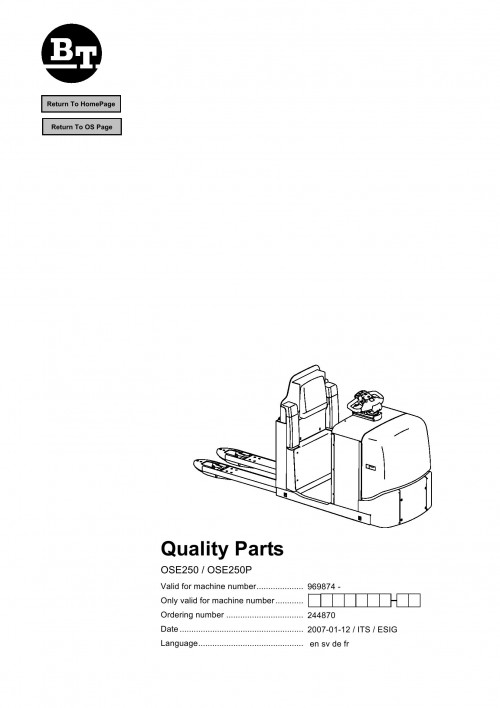 BT Forklift OSE250 OSE250P Parts Catalog EN SV DE FR