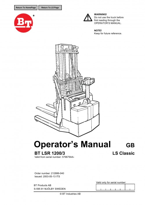 BT Forklift LSR1200 Operator's Manual