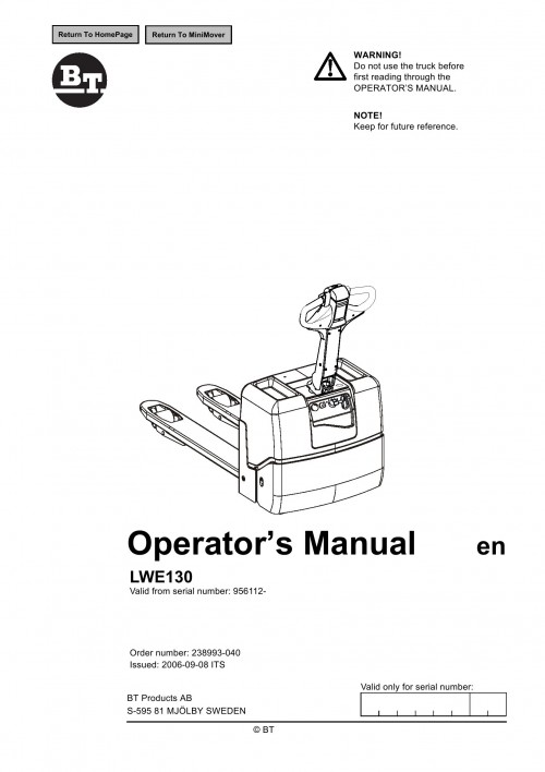 BT Forklift LWE130 Operator's Manual