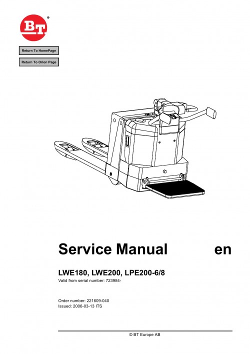 BT Forklift LWE180 LWE200 LPE200 6 LPE200 8 Service Manual