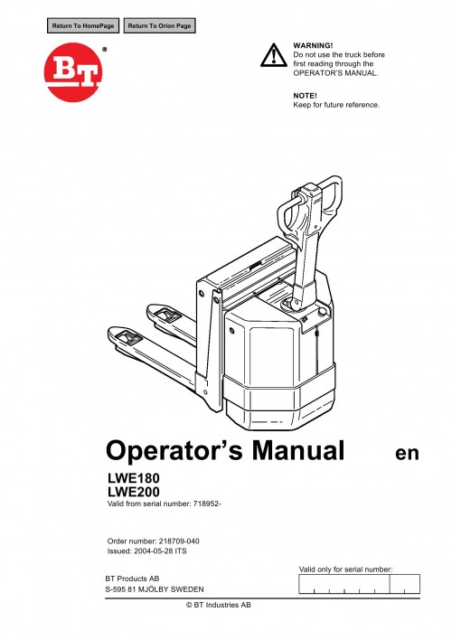 BT Forklift LWE180 LWE200 Operator's Manual