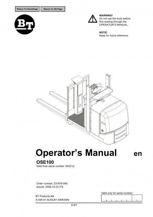 BT Forklift OSE100 Operator's Manual