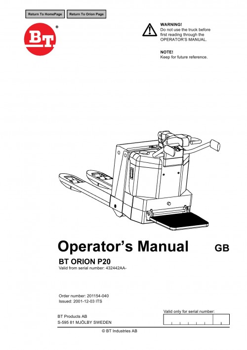 BT Forklift P20 Operator's Manual