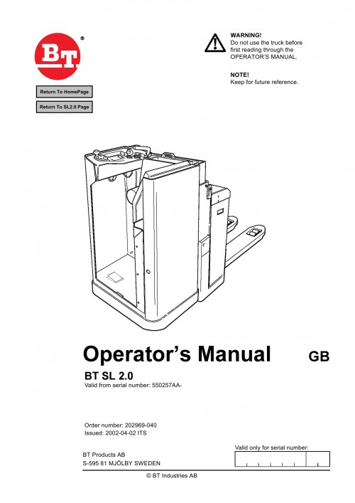 BT Forklift SL 2.0 Operator's Manual
