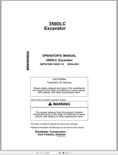 John Deere Excavator 350DLC Operator's Manual OMT221098