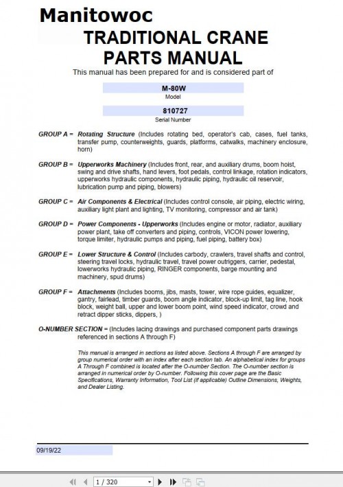 Manitowoc Traditional Crane M 80W Parts Manual 810727 2022
