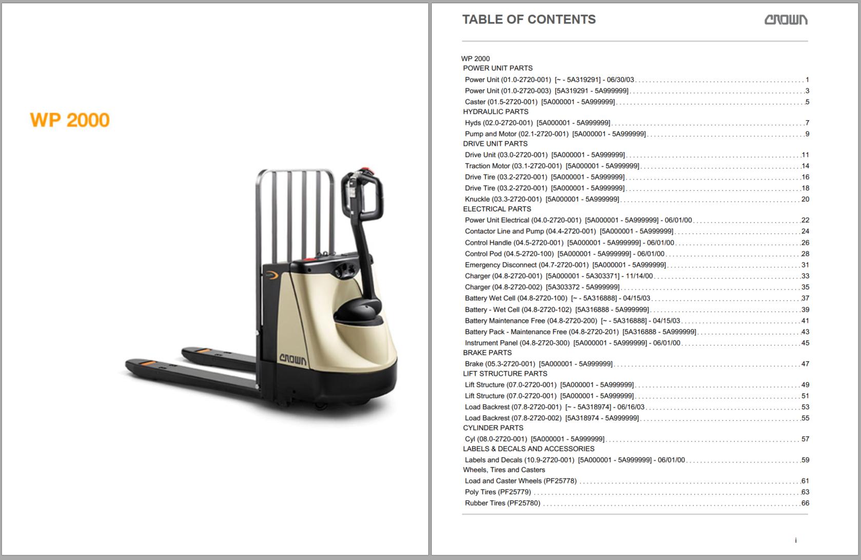 Crown Pallet WP 2000 Parts Catalog, Service Manual Auto Repair Manual