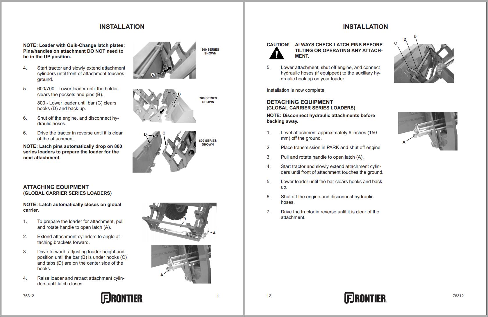 Frontier Loader Attachments AB16 - AS11 Operator's Parts Manual | Auto ...