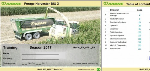 Krone Forage Harvester BiG X 600 1100TT 2017 Basic Service Training