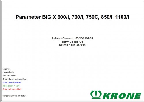 Krone Parameter BiG X 600 to BiG X 1100 I Service Manual