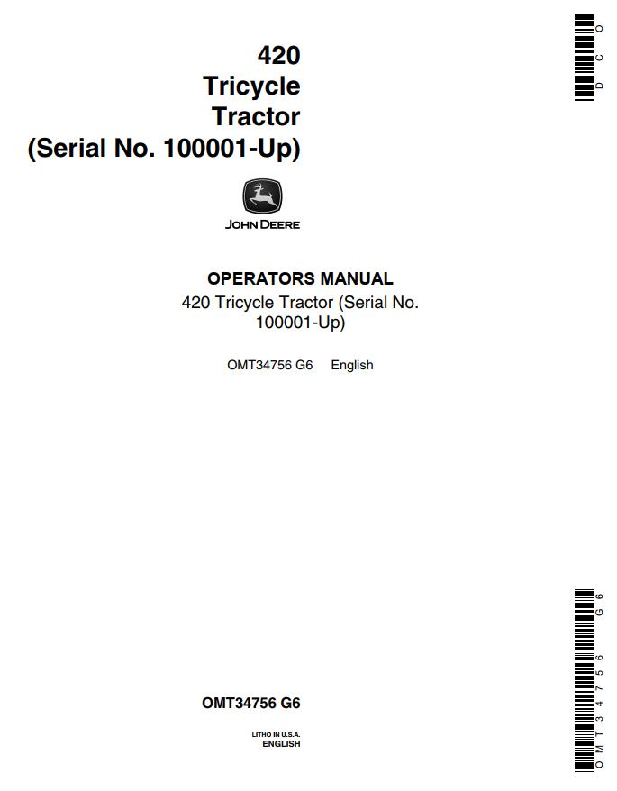 John Deere Tricycle Tractor 420 Opearators Manual | Auto Repair Manual ...