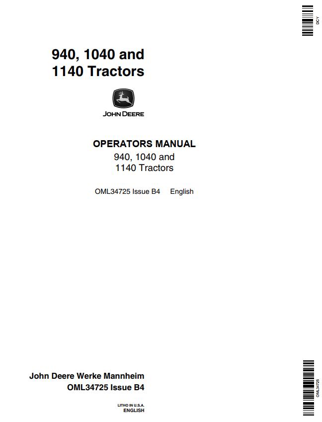 John Deere Tractors 940 1040 1140 Operators Manual | Auto Repair Manual ...