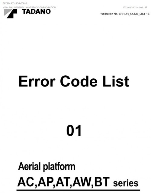 Tadano Aerial Platform AC AP AT AW BT Series Error Code List