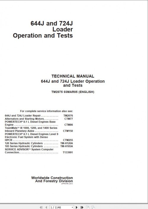 John Deere Loader 644J 724J Operation and Tests Manual TM2075