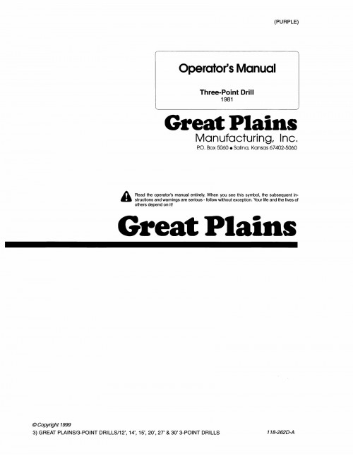 Great Plains 3 Point Drill Operator Manual 1981