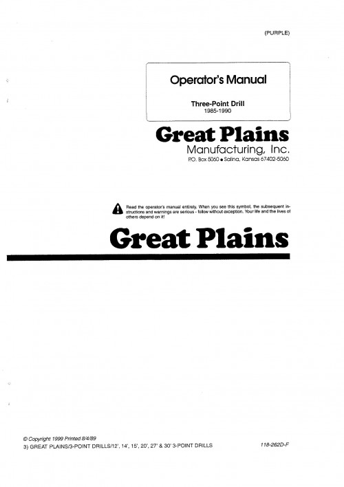 Great Plains 3 Point Drill Operator Manual 1985 1990