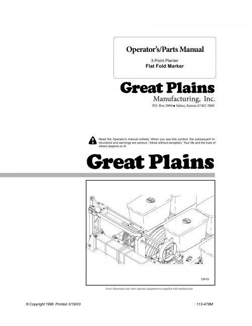 Great Plains 3 Point Planter Flat Fold Marker Operator Parts Manual