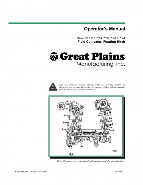 Great Plains Field Cultivator Floating Hitch 7332 to 7344 Operator Manual