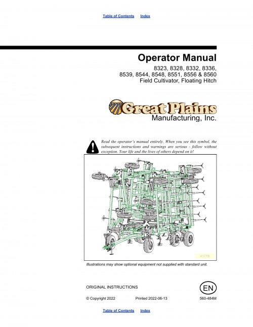 Great Plains Field Cultivator Floating Hitch 8323 to 8560 Operator Manual