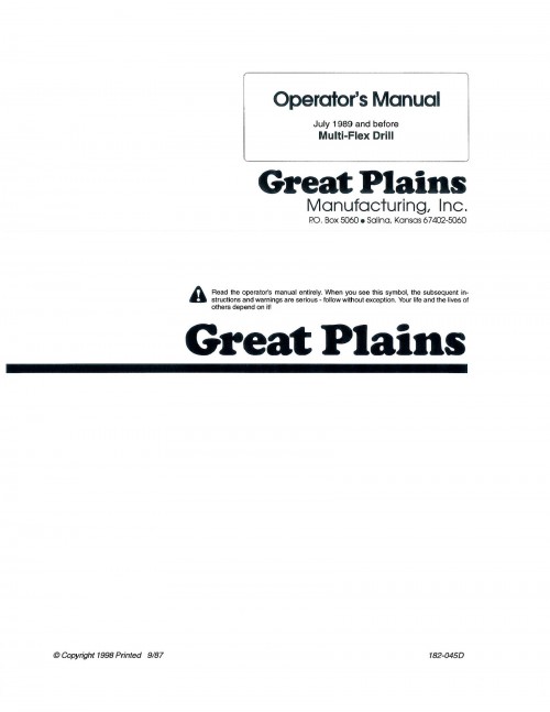 293 Great Plains Multi Flex Drill July Operator Manual 1989 and before