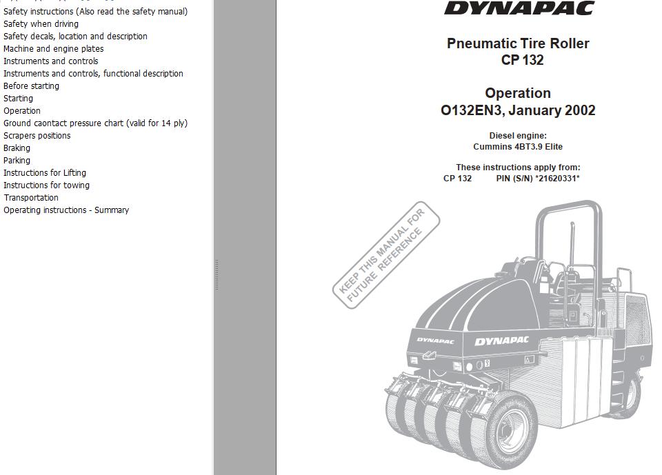 CP 132 Dynapac Parts Book Manual Catalog Pneumatic Tire Roller with Cummins  4BT