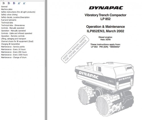 Dynapac Vibratory Trench Compactor LP852 Operation Maintenance Manual