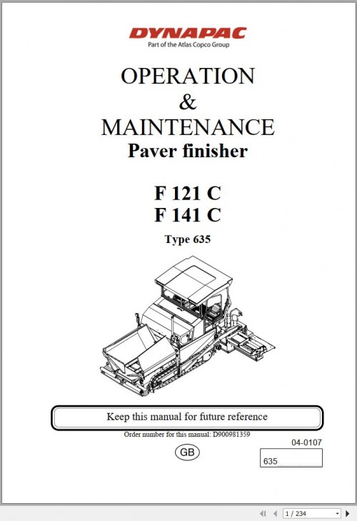 090 Dynapac Paver Finisher F121C F141C Operation Maintenance Manual