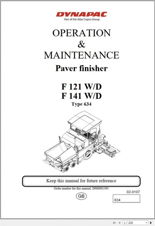 093 Dynapac Paver Finisher F121W to F141D Operation and Maintenance Manual