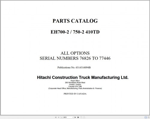 Hitachi Rigid Dump Truck EH700 2 EH750 2 410TD Parts Catalog