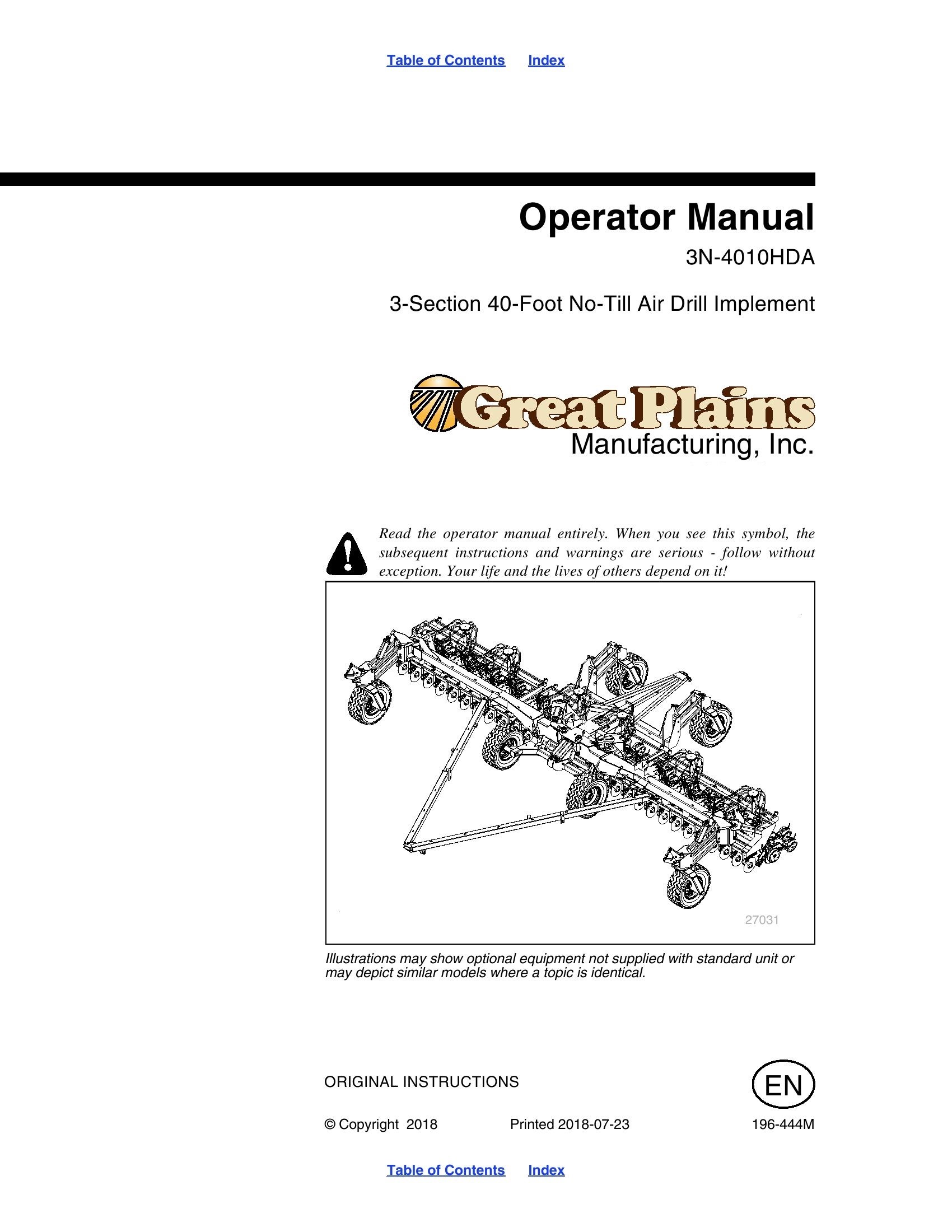 Great Plains No Till Air Drill Implement 3N-4010HDA Operator Manual ...