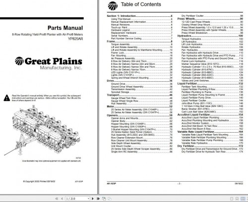 833 Great Plains Yield Pro Planter YP825AR Parts Manual